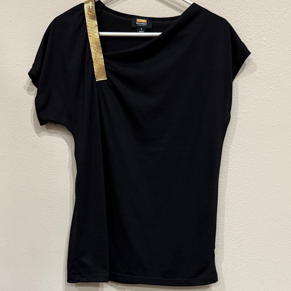 Lori Michaels Collection Women’s Black Blouse with Gold Accent On Shoulder